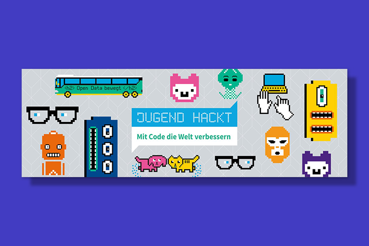Schriftzug Jugend hackt mit dem Slogan Mit Code die Welt verbessern.